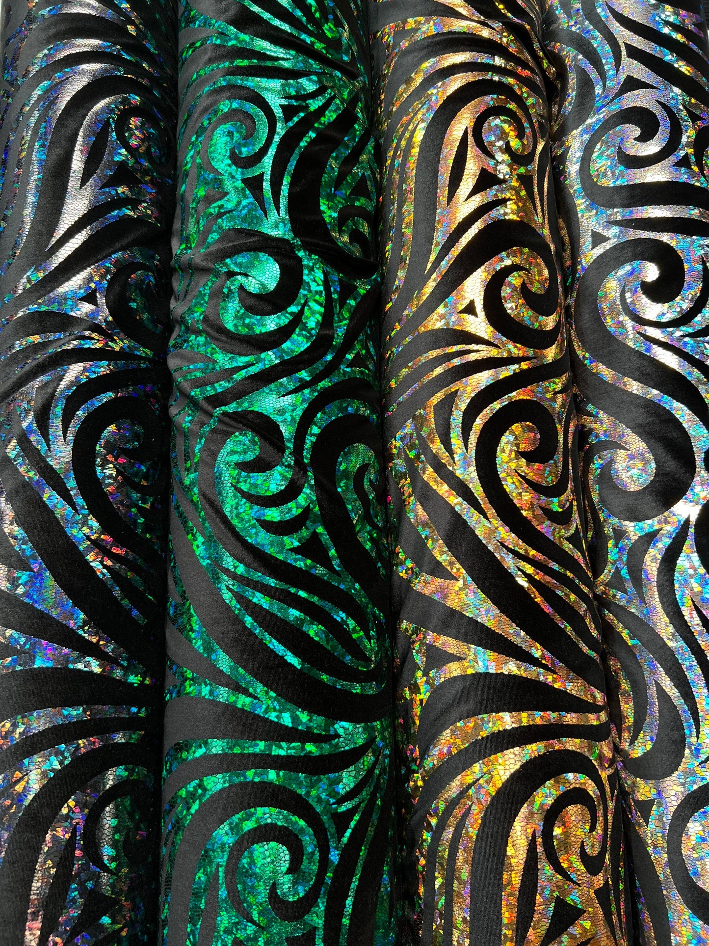 Rolex design swirl hologram metallic foil on great quality of stretch velvet 4-way stretch 58/60”