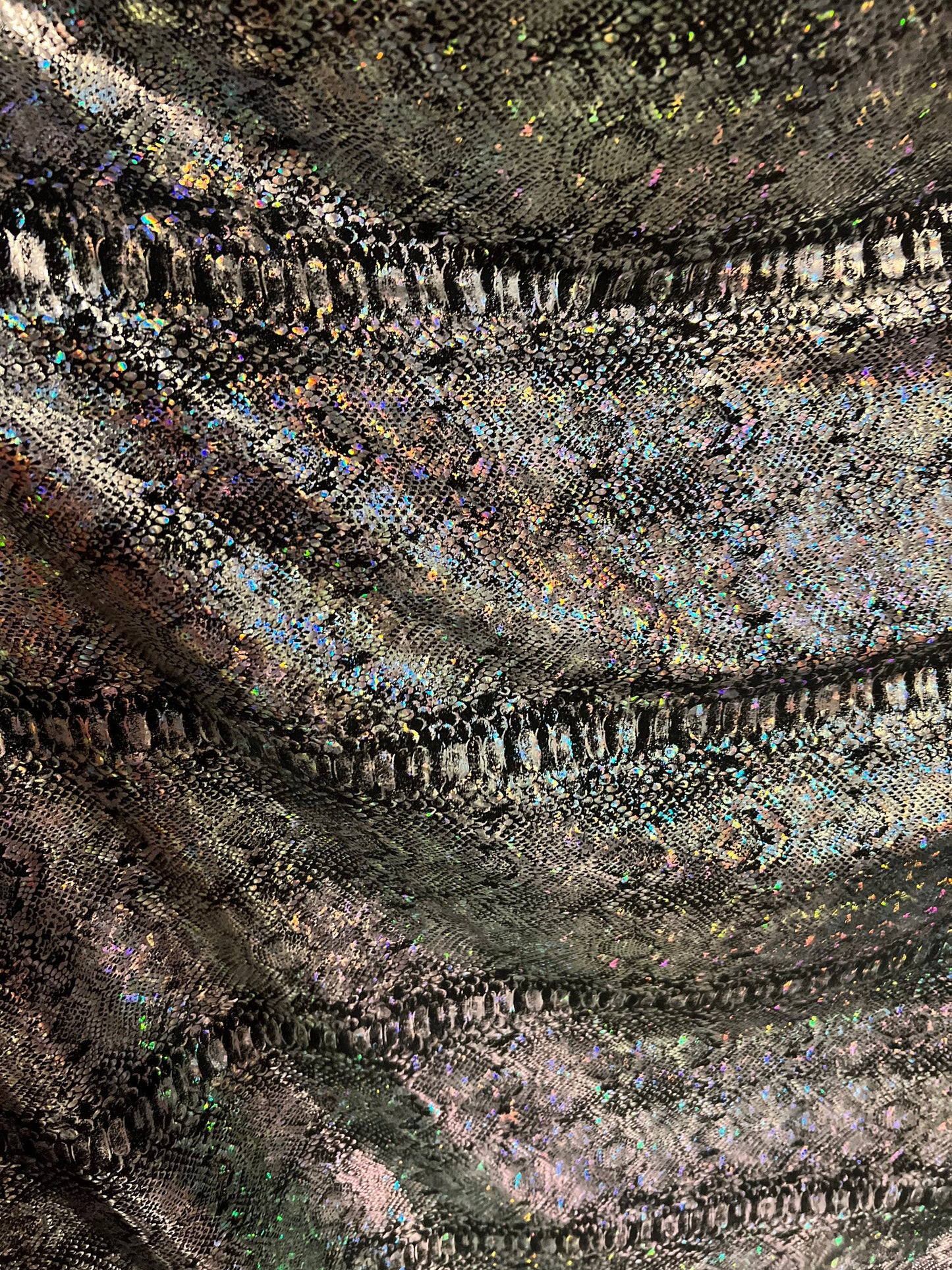 New Exotic Snake design hologram metallic nylon spandex 4-way stretch black/silver 58/60” wolf by the YD.