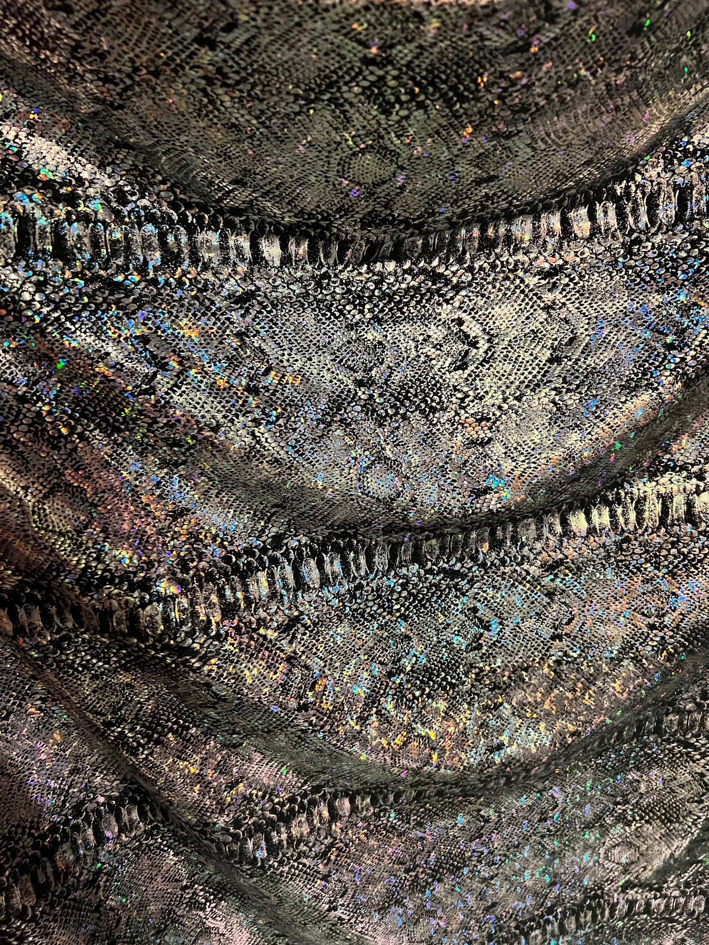 New Exotic Snake design hologram metallic nylon spandex 4-way stretch black/silver 58/60” wolf by the YD.