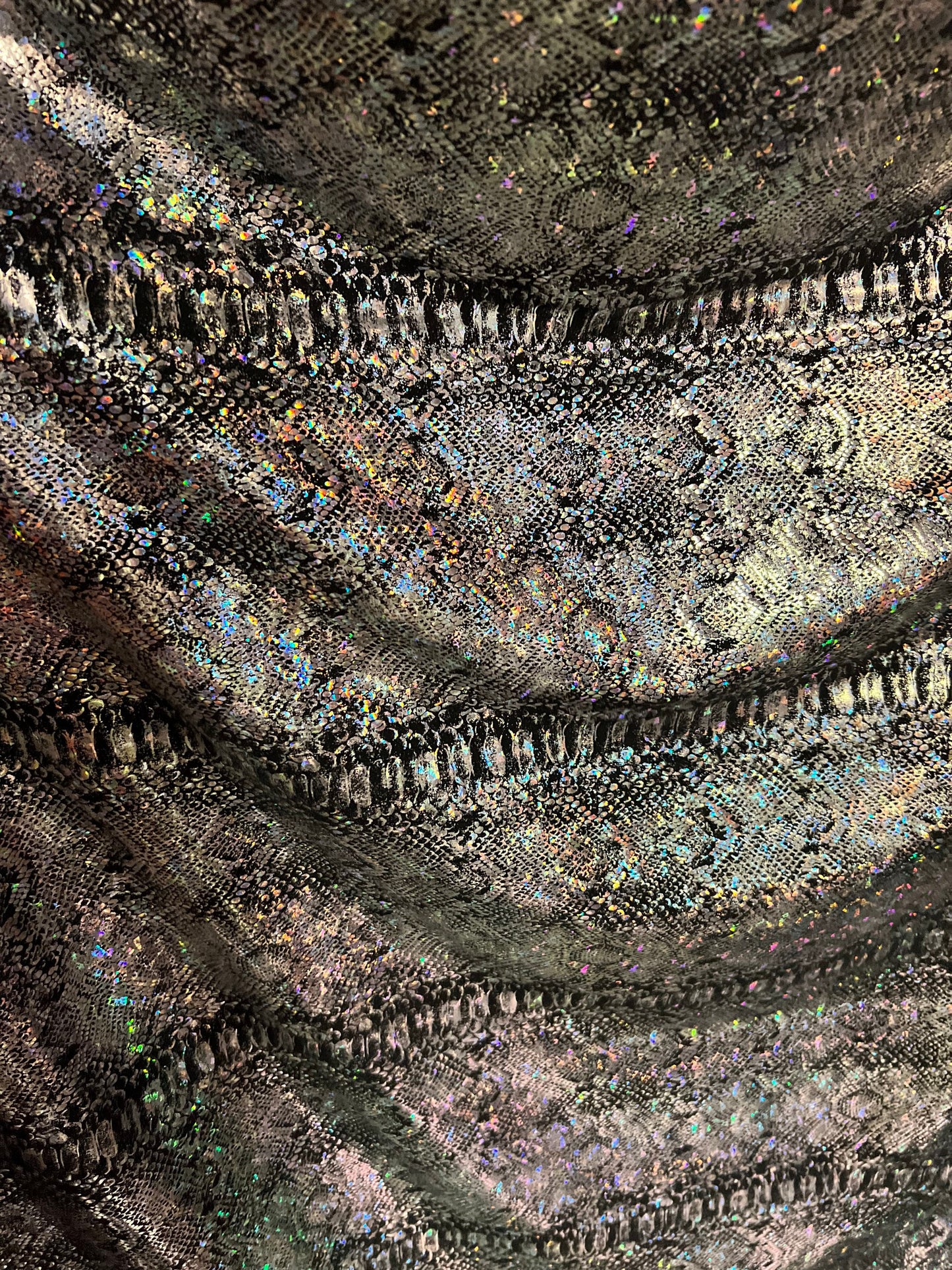 New Exotic Snake design hologram metallic nylon spandex 4-way stretch black/silver 58/60” wolf by the YD.
