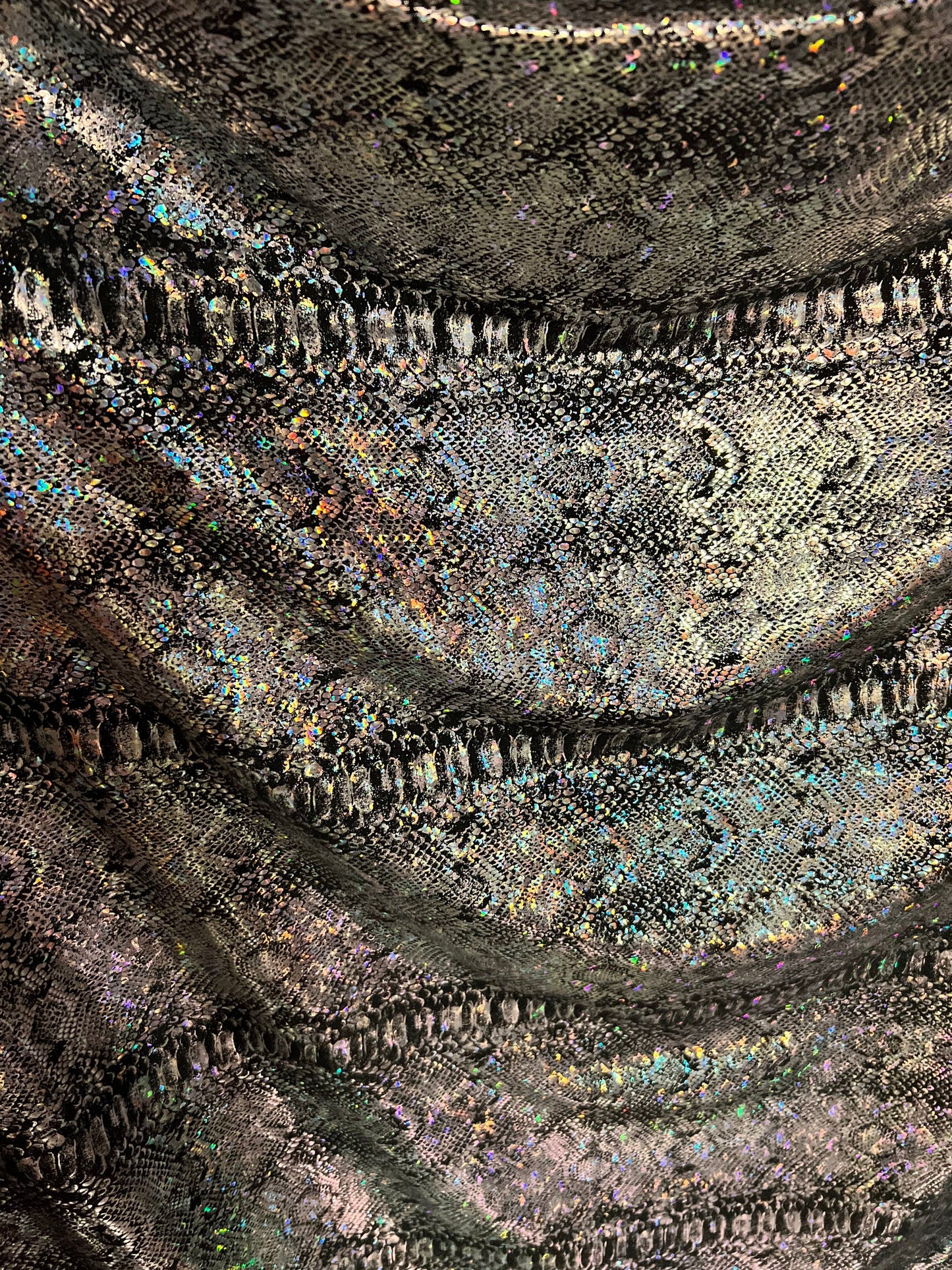 New Exotic Snake design hologram metallic nylon spandex 4-way stretch black/silver 58/60” wolf by the YD.