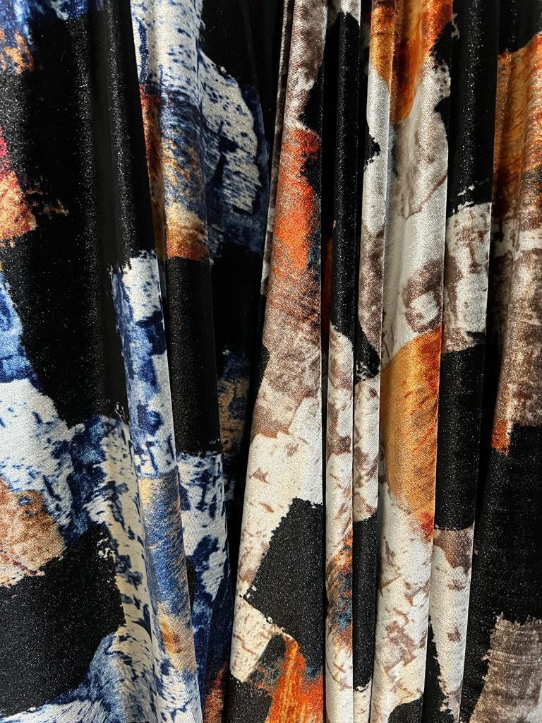 New modern fashion design multicolor print on best quality of nylon stretch velvet 420G 4-way stretch 58/60” Sold by the YD.