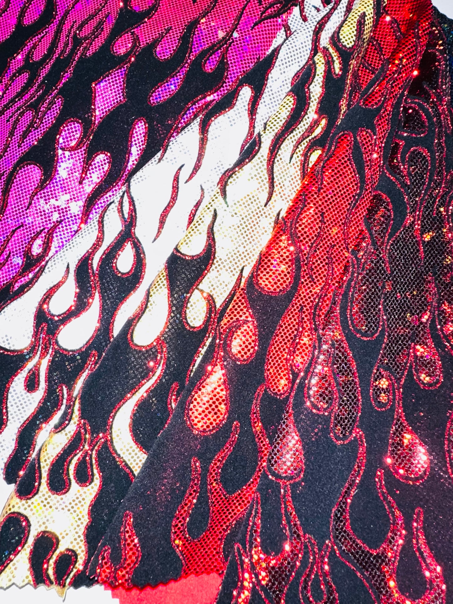 Luxury Flames design on shattered glass hologram metallic nylon spandex 4-way stretch 58/60”