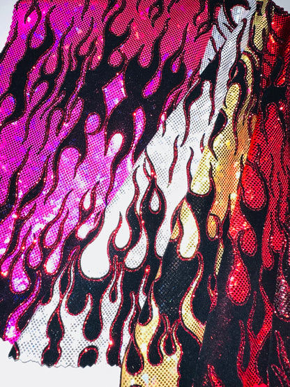 Luxury Flames design on shattered glass hologram metallic nylon spandex 4-way stretch 58/60”