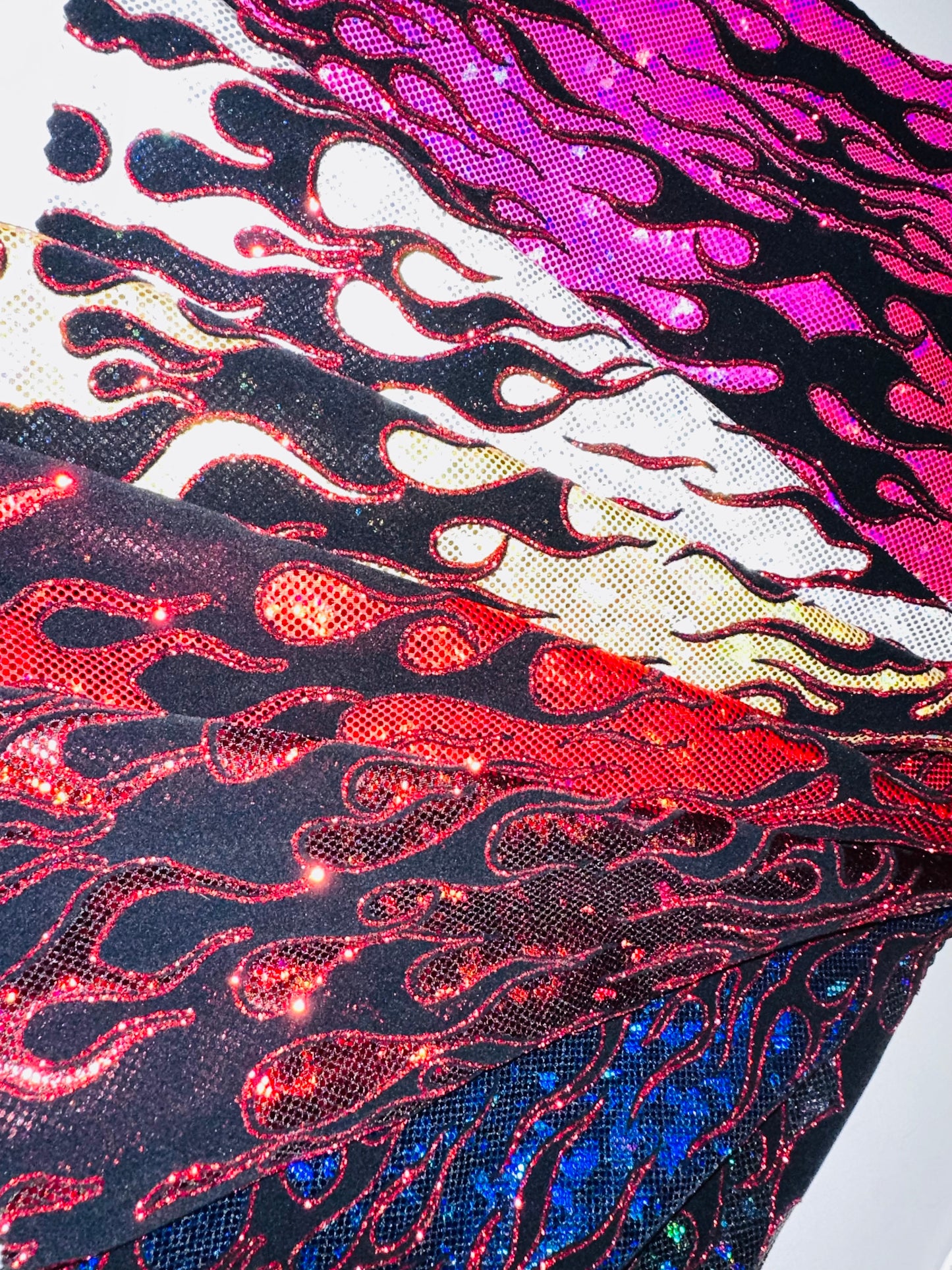 Luxury Flames design on shattered glass hologram metallic nylon spandex 4-way stretch 58/60”