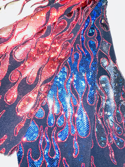 Luxury Flames design on shattered glass hologram metallic nylon spandex 4-way stretch 58/60”