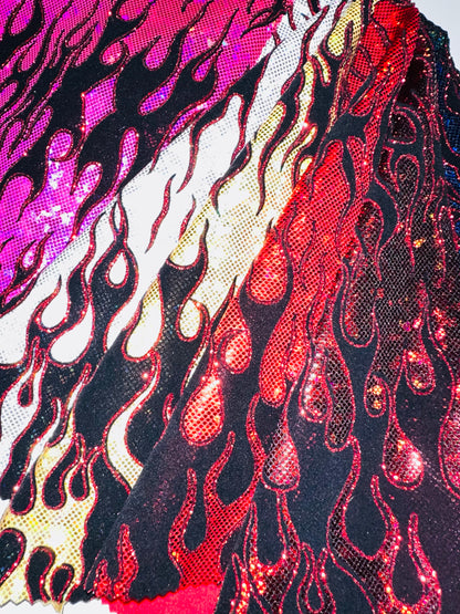 Luxury Flames design on shattered glass hologram metallic nylon spandex 4-way stretch 58/60”