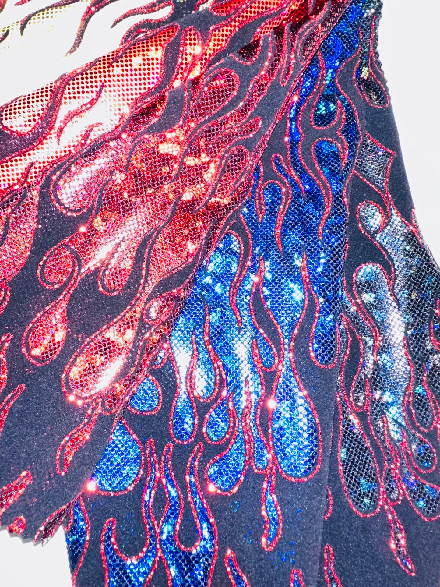 Luxury Flames design on shattered glass hologram metallic nylon spandex 4-way stretch 58/60”