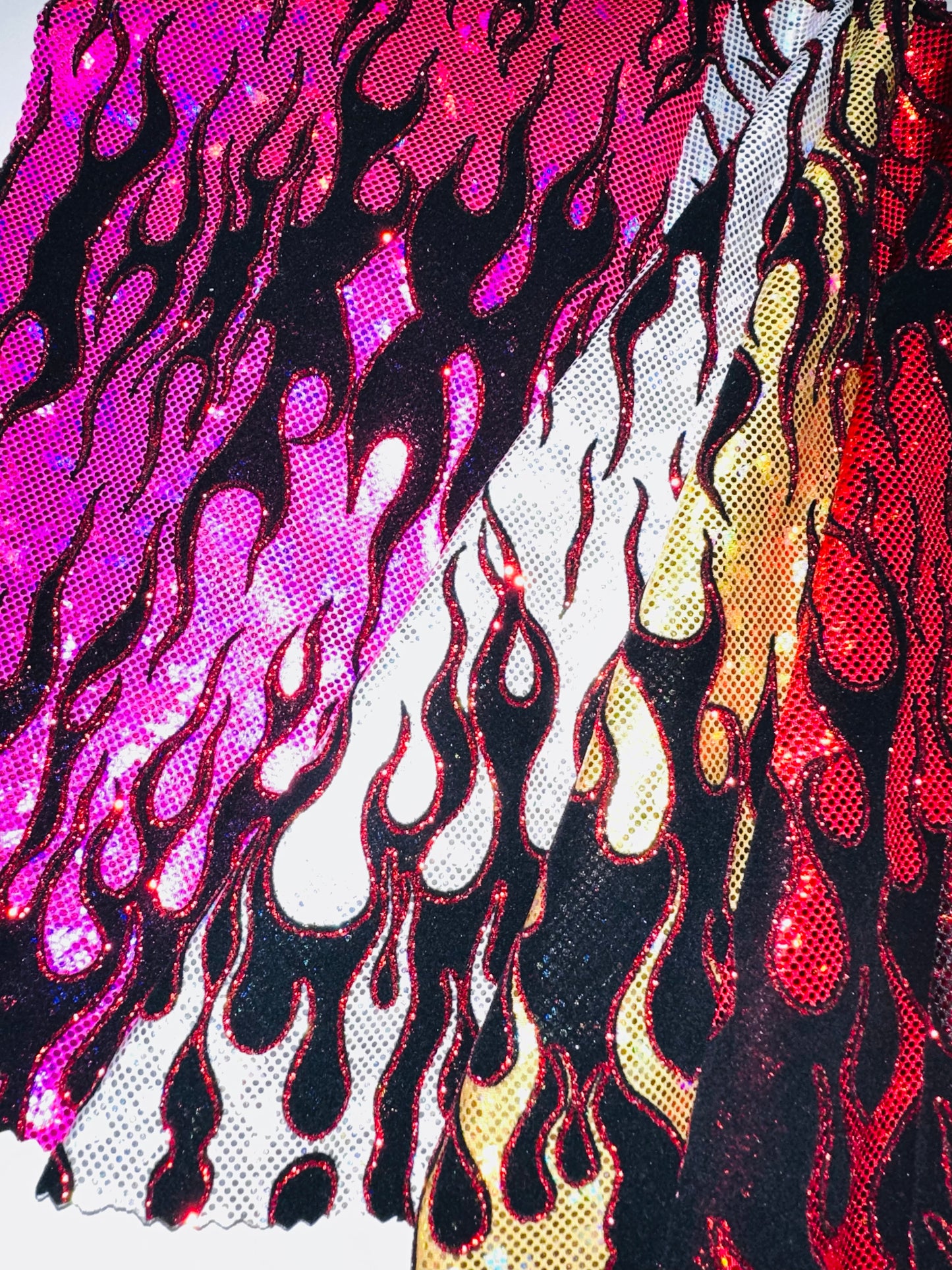 Luxury Flames design on shattered glass hologram metallic nylon spandex 4-way stretch 58/60”