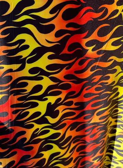 New Flame design Black/Fire color print on light weight poly spandex 2-way stretch 58/60”