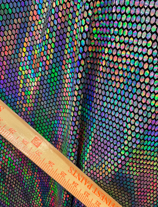 New hexagon hologram sequins on metallic spandex base 4way stretch 58/60"