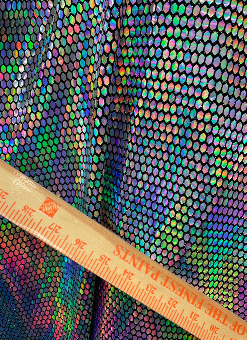 New hexagon hologram sequins on metallic spandex base 4way stretch 58/60"