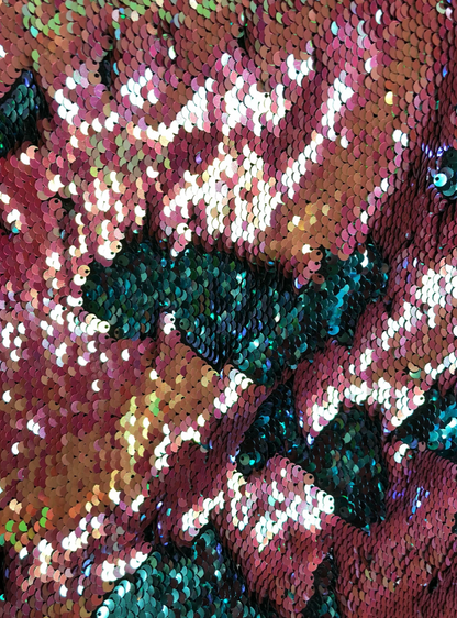 New dusty rose/turquoise flip up sequins on lycra base 2way Stretch 58/60" Sold by the YD.