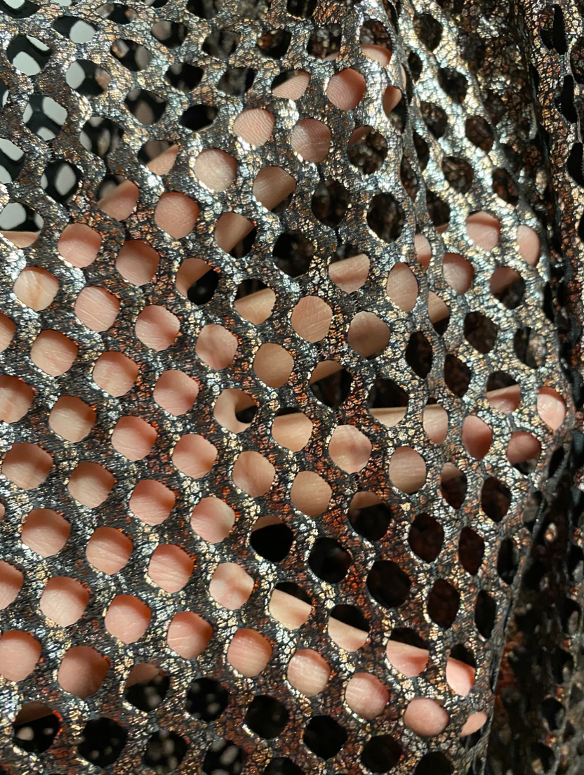 Skin snake design print on fishnet metallic diamond mesh 2-way stretch 58/60”