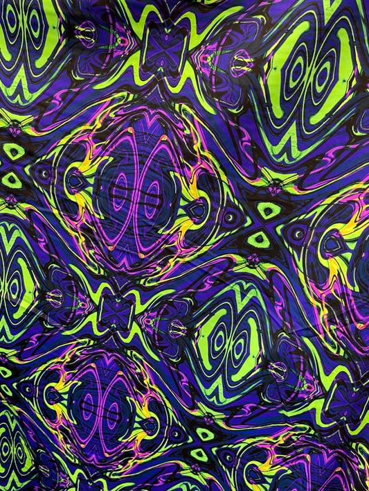 New abstract design purple/green print on best quality of nylon spandex 4-way stretch 58/60”