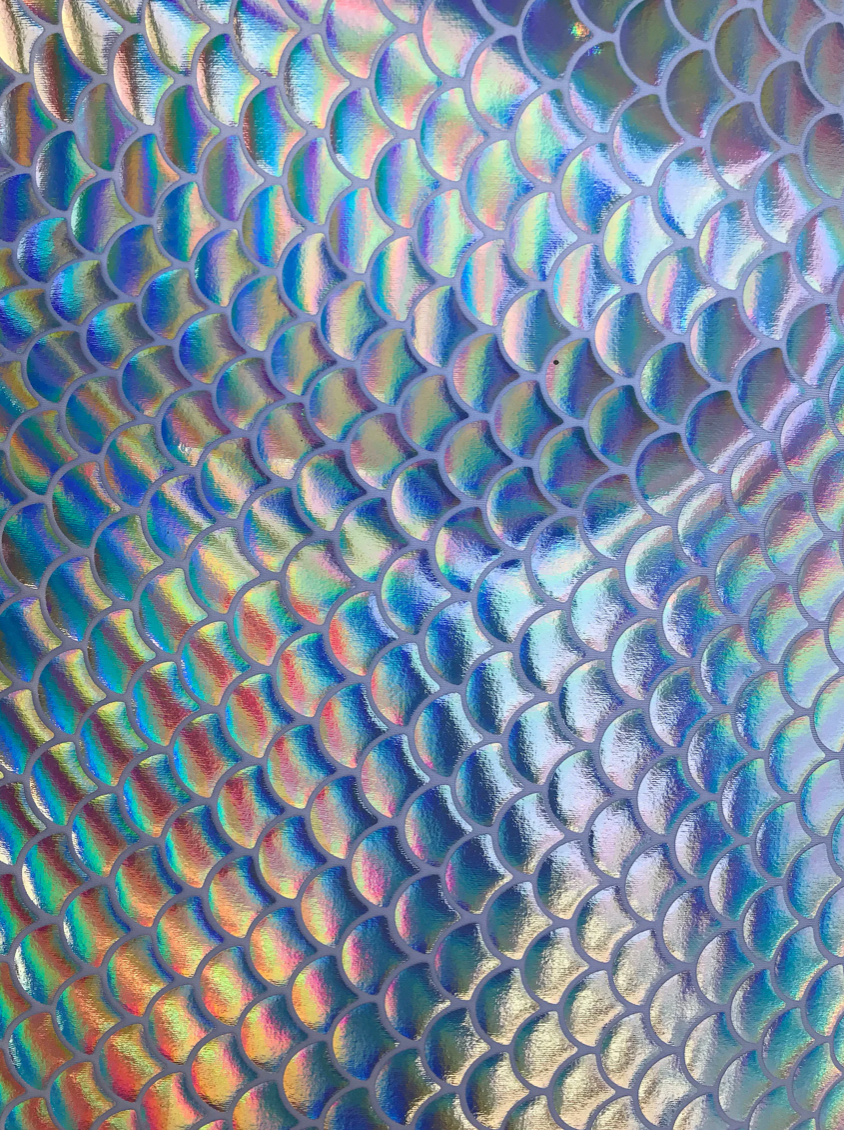 NEW iridescent white/silver fish Scale mermaid design metallic spandex 4way Stretch 58/60"