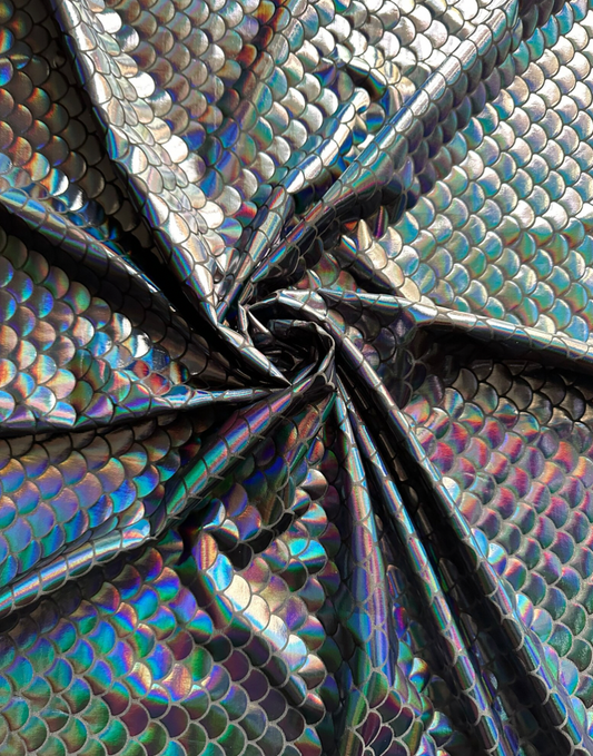 Mermaid Fish scale design Iridescent black metallic nylon spandex 4-way stretch 58/60”