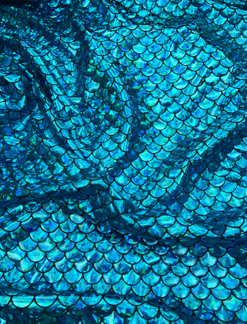 Medium mermaid fish scales with hologram foil nylon spandex 4way Stretch 58/60"