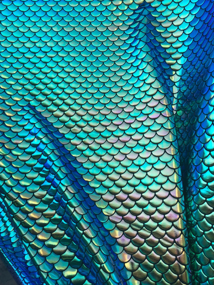 Mermaid design fish scael green with blue turquoise effect Nylon 4way Stretch 58/60"