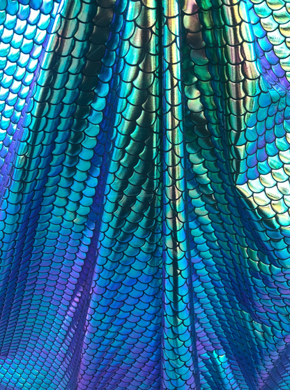 Mermaid design fish scael green with blue turquoise effect Nylon 4way Stretch 58/60"