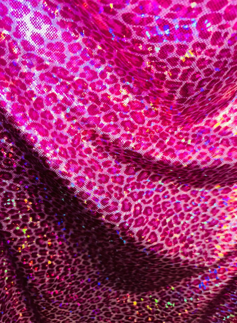 Wild Cheetah design on shattered glass hologram metallic nylon spandex 4-way stretch 58/60”