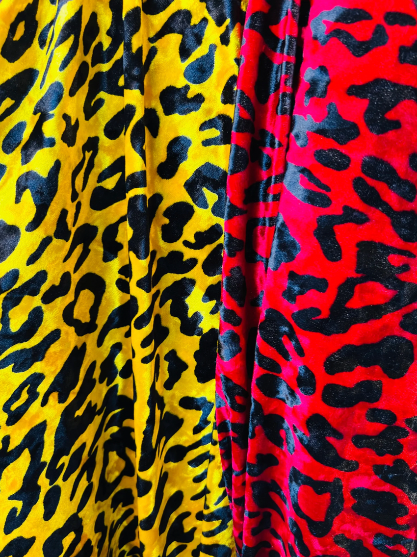 New Leopard design Yellow/Black & Red/Black exotic animal print on 2-way stretch velvet 58/60”