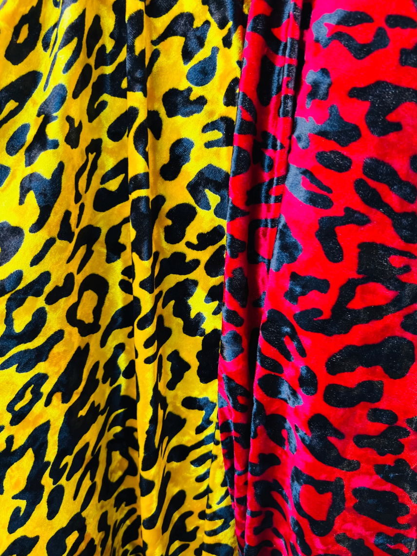 New Leopard design Yellow/Black & Red/Black exotic animal print on 2-way stretch velvet 58/60”