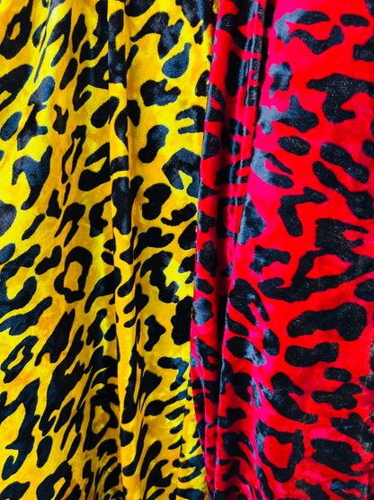 New Leopard design Yellow/Black & Red/Black exotic animal print on 2-way stretch velvet 58/60”