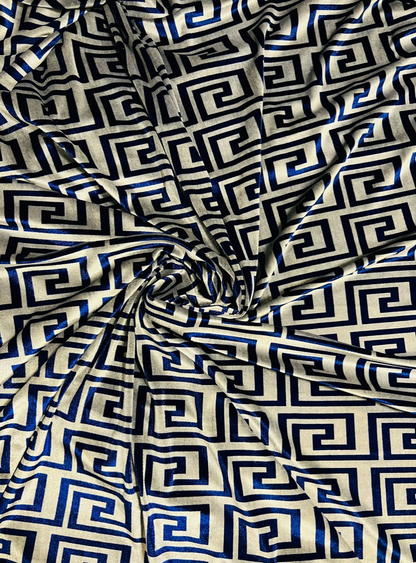 New modern Fashion brand design Silver/Sapphire print on great quality of stretch velvet 4-way stretch 58/60”