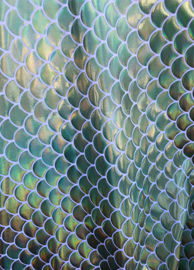 New mermaid fish scale iridescent olive green foil on nylon spandex 4way Stretch 58/60"