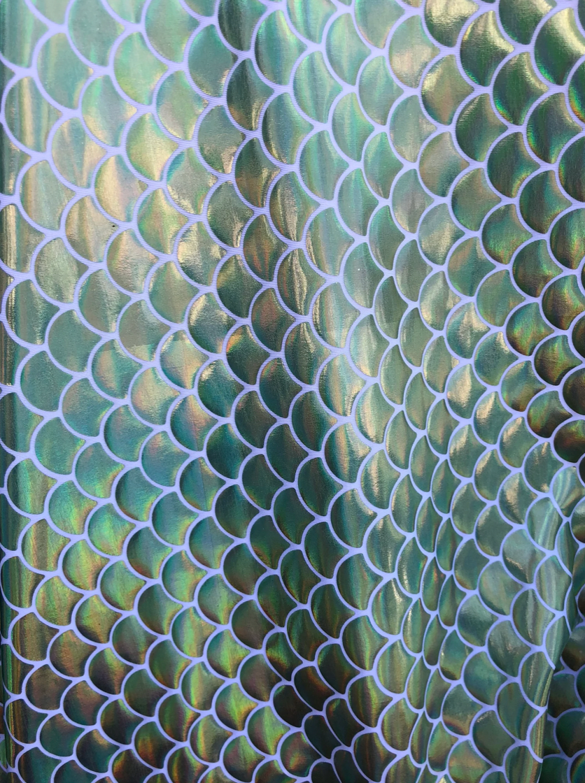 New mermaid fish scale iridescent olive green foil on nylon spandex 4way Stretch 58/60"