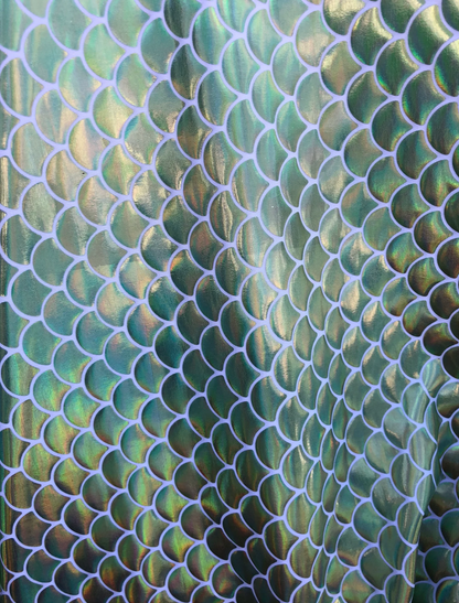 New mermaid fish scale iridescent olive green foil on nylon spandex 4way Stretch 58/60"