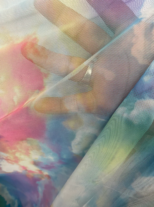 New celestial clouds design print on power mesh 4-way stretch 58/60”