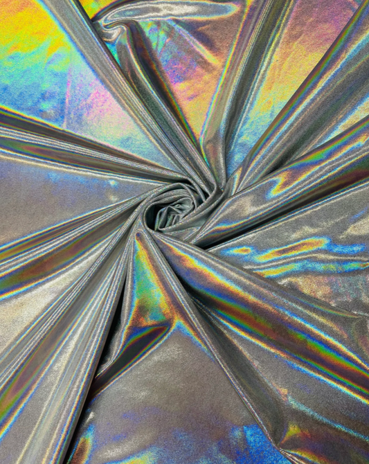 Oil slick design iridescent white silver foggy foil hologram metallic nylon spandex 4-way stretch 58/60”