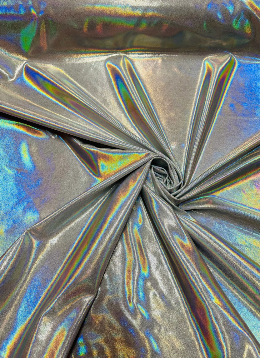 Oil slick design iridescent white silver foggy foil hologram metallic nylon spandex 4-way stretch 58/60”