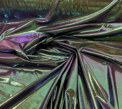 New oil slick iridescent blue green hologram metallic nylon spandex 4-way stretch 58/60”