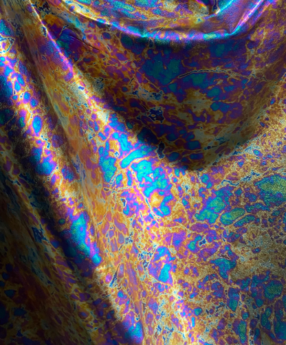 New Modern Lava design oil effect metallic nylon spandex all over foil 4-way 58/60”