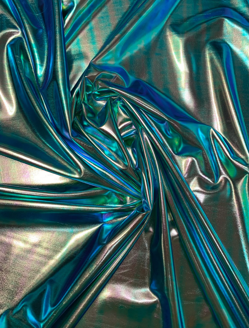 New blue green iridescent foil metallic spandex foil 4way stretch 58/60"