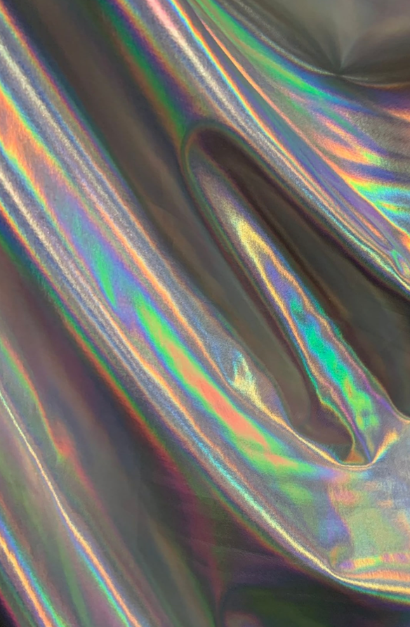 NEW Iridescent all over foil on nylon spandex 4way stretch 58/60"