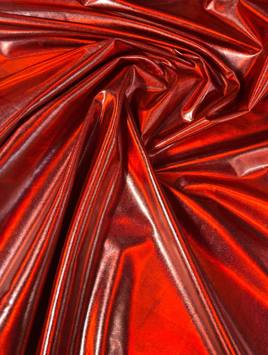 New iridescent red all over foil metallic nylon spandex 4way stretch 58/60"