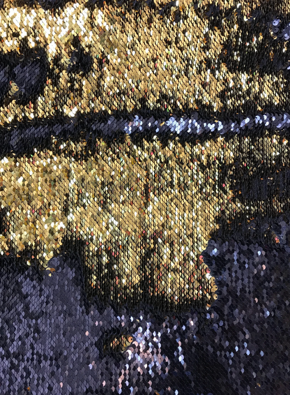 Black/gold flip up sequins reversible sequins on spandex base 2way stretch 58/60"