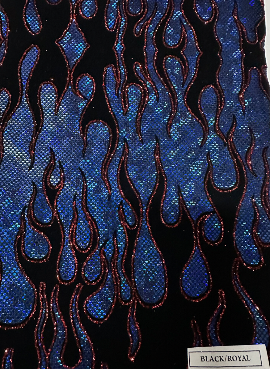 Ghost Rider Flames design hologram shattered glass with flocking metallic nylon spandex 4-way stretch 58/60” Sold by the YD.