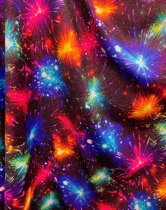 New fireworks design multicolor print on nylon spandex 4way stretch 58/60" Sold by the YD. Ships worldwide from Los Angeles California USA.