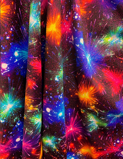 New fireworks design multicolor print on nylon spandex 4way stretch 58/60" Sold by the YD. Ships worldwide from Los Angeles California USA.