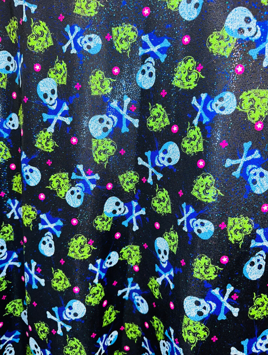 Luxury Skulls with Hearts design print on best quality of nylon spandex with foggy foil 4-way stretch 58/60”