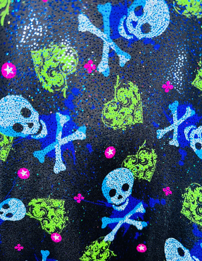 Luxury Skulls with Hearts design print on best quality of nylon spandex with foggy foil 4-way stretch 58/60”