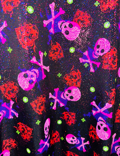 Luxury Skulls with Hearts design print on best quality of nylon spandex with foggy foil 4-way stretch 58/60”