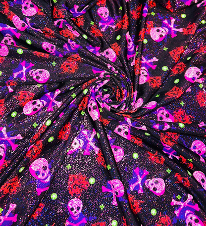 Luxury Skulls with Hearts design print on best quality of nylon spandex with foggy foil 4-way stretch 58/60”