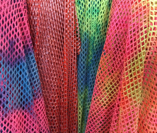 Metallic tie dye sparkle fish net spandex 4way stretch 58/60" Sold by the YD. Ships worldwide from Los Angeles California USA.