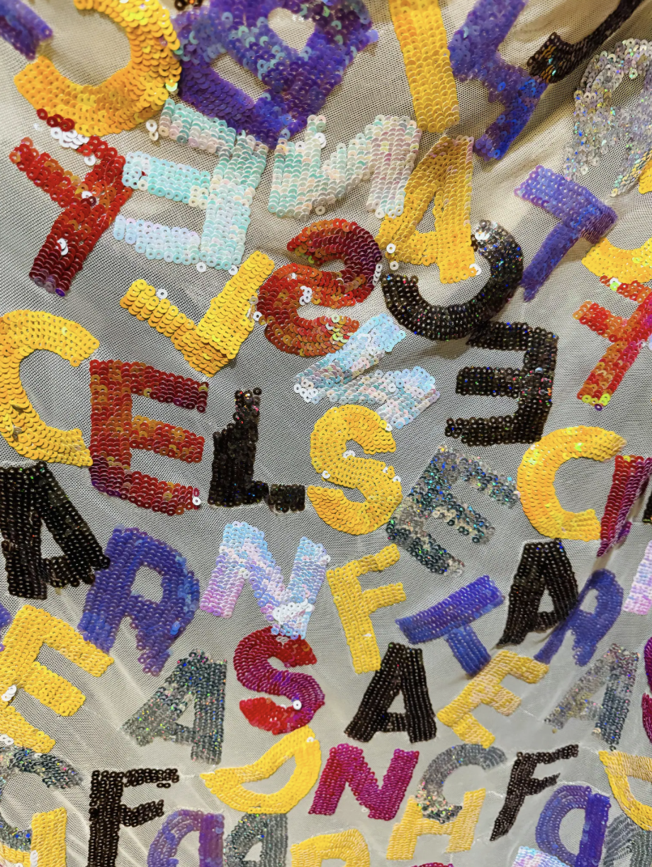 Luxury ABC alphabet design multicolor sequins embroidered on power mesh 4-way 54/55” High quality fabrics by AlexLAFabrics